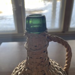 Vintage Large Green Glass Woven Wicker Demijohn Bottle, Carboy With Handle, 12”
