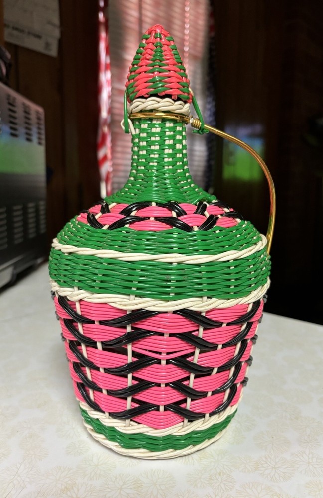 Vintage Viresa Labeled Spain Wine Bottle Plastic Woven Wicker Metal Handle 12”H