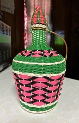 Vintage Viresa Labeled Spain Wine Bottle Plastic Woven Wicker Metal Handle 12”H