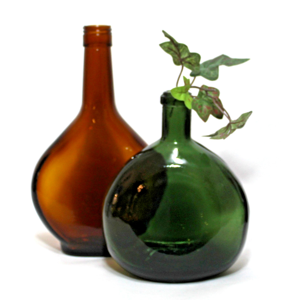 Vintage Glass Wine Bottles Brown Amber Flask & Green Mateus Set 2