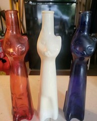 3 Lot Happy Cat Red White Blue Color Glass Tall Bottle Vase Product Germany 13”