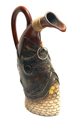 Vtg Spanish Style Porron Wine Decanter w/Fish Display Art 15&Prime;x10&Prime;x4&Prime; Faux Wood