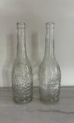 Nice! Set Of 2 Vintage Wine Bottles, Clear Glass Embossed Grapes & Leaves 12”