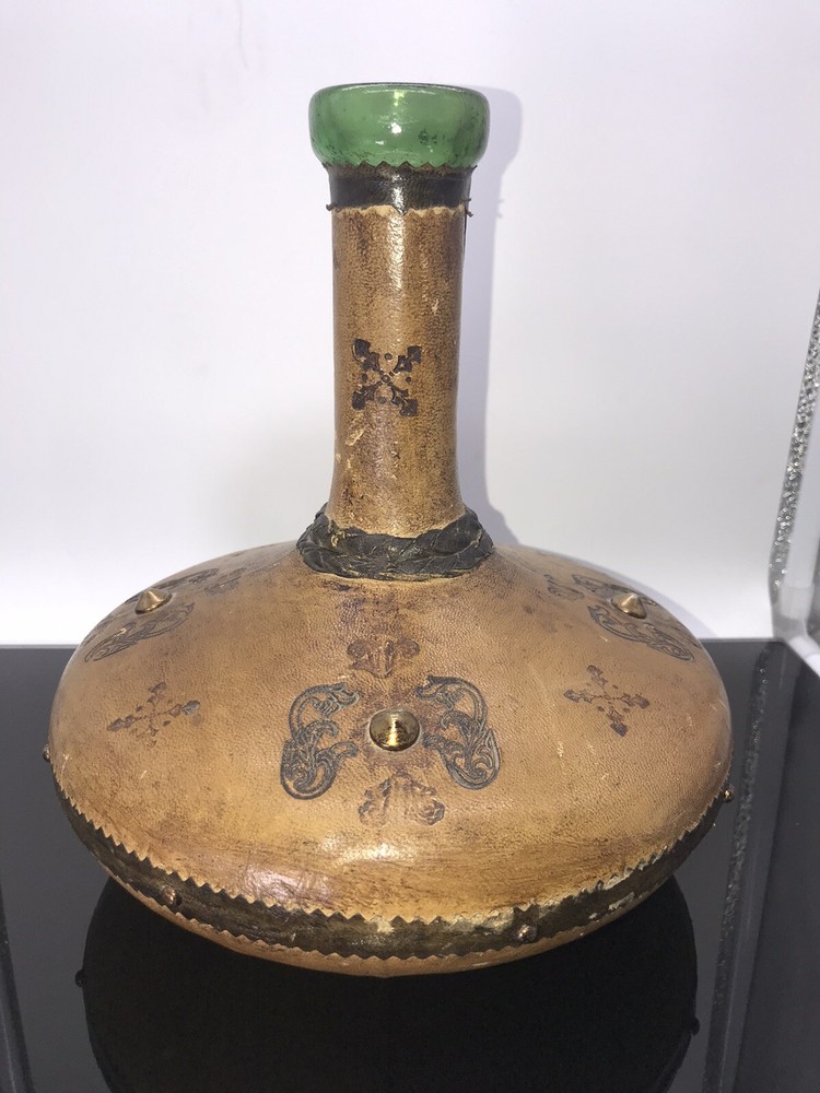 Vintage Leather Wrapped Wine Bottle Made In Italy 9” Tall 8.5” Wide No Top