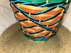 Vtg Viresa Plastic Woven Wicker Wine Bottle Metal Handle- Empty 12&Prime; No Cap