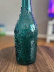 Vintage Teal Glass Bottle 11.25&Prime;H Grape Motif Spanish Glass Wine Carafe
