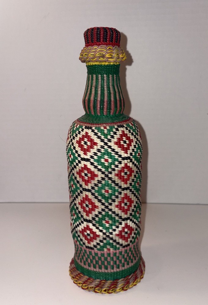Vintage Viresa Scoubidou Wine Bottle & Cap Plastic Woven Wicker Spain Colorful