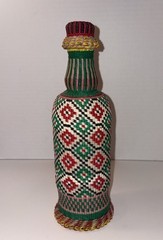 Vintage Viresa Scoubidou Wine Bottle & Cap Plastic Woven Wicker Spain Colorful