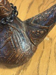 Vintage Tooled Leather Covered Wine Decanter 8” Tall Liquor MCM Oil See Photos