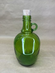 Vintage Emerald Green Glass Decanter Bottle 1.5 Liter W/Cork & Handle 10” Tall