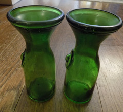 Vtg lot 2 Emerald Green Mold Blown Glass Wine 6&Prime; Carafe Seal Bottle 1/2 Litre
