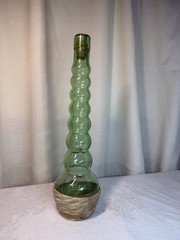 VTG 1973 Green Glass BUBBLE style Italian Empty Wine Bottle W/Wicker Base 13 In