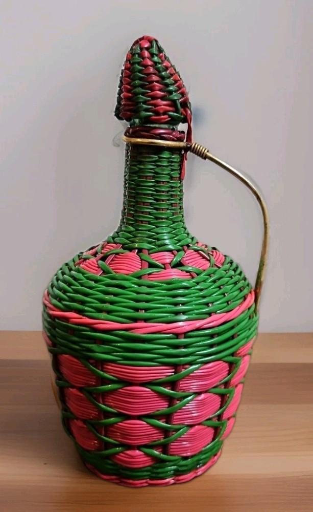 Vintage Green Viresa Glass Bottle Wrapped In Colorful Plastic Wicker 9.5” Tall