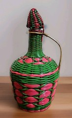 Vintage Green Viresa Glass Bottle Wrapped In Colorful Plastic Wicker 9.5” Tall
