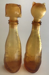 Empoli Figural Cat Dog Amber Glass Carafe Decanter Genie Bottle Pair MCM 1960s