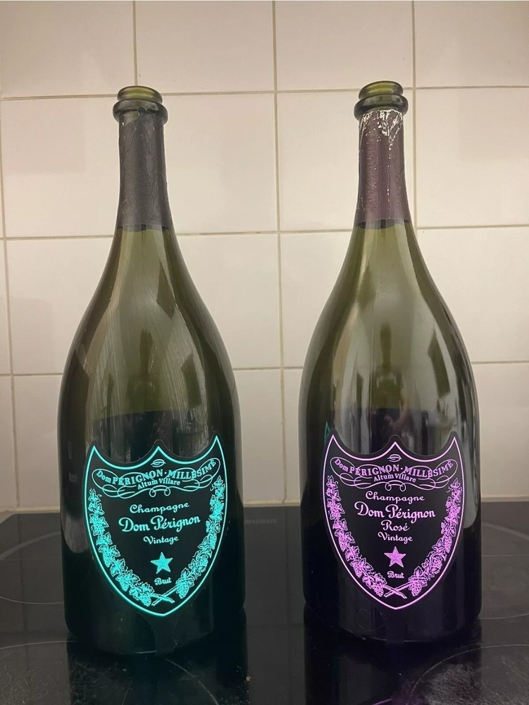 2 Empty Dom Perignon Rose Magnum And Regular, Pink & Green 1.5 Lt Luminous Bott