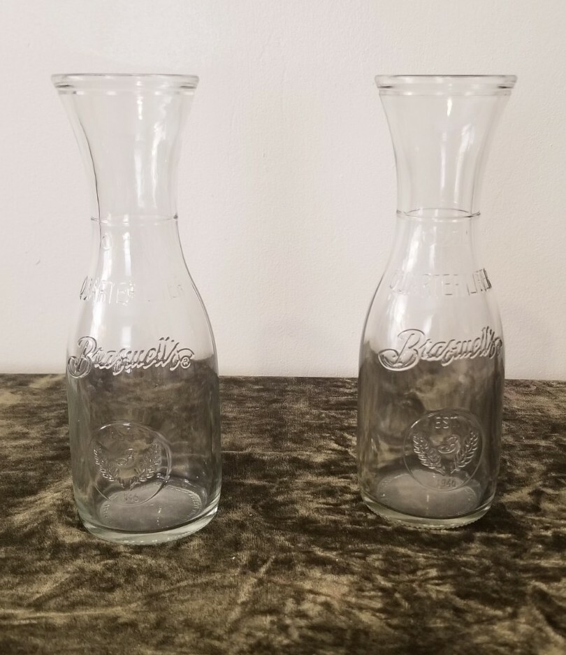Pair Of Braswell&rsquo;s Carafes .25 Liter With Insignia Clear Glass 1/2 Bottle Server