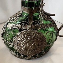 ANTIQUE 9.5” FILIGREE Wrapped Emerald GREEN GLASS Decanter