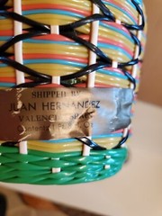 Vintage Plastic Wicker Wrapped Glass Bottle Decanter Woven Spanish Burgundy 1959
