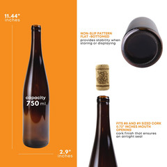 – 750Ml Amber Wine Bottles (Pack of 12) Empty, Stretch Hock Liquor Glass Bottles