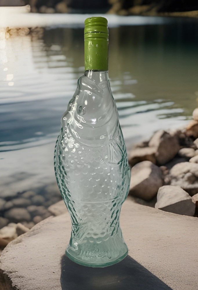 Vintage Glass Wine Fish Bottle Light Green 75CL 3 55mm App-12.5”Tall Empty