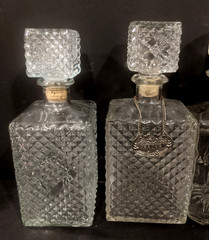 5 Old MCM 1960s Square Clear Glass Bar Liquor Bottles Bourbon Tag