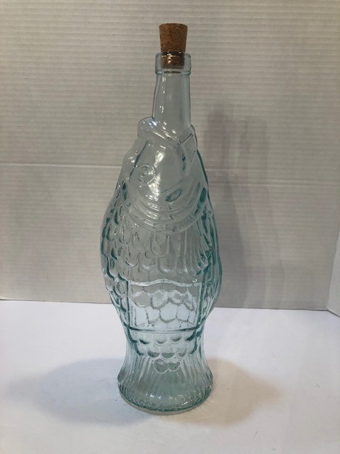 Vintage Wine Olive Oil Fish Shaped Bottle Bluish Green Clear Glass 13.5&Prime;x4&Prime;x3&Prime;