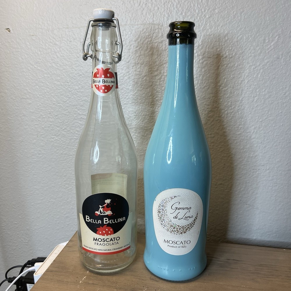 2 Empty Wine Bottles – Gemma di Luna Blue Moscato & Bella Bellina Swing Top