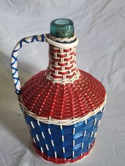 Vintage Viresa Demijohn Wine Bottle Scoubidou Woven Plastic Wicker Jug 1L 1960s