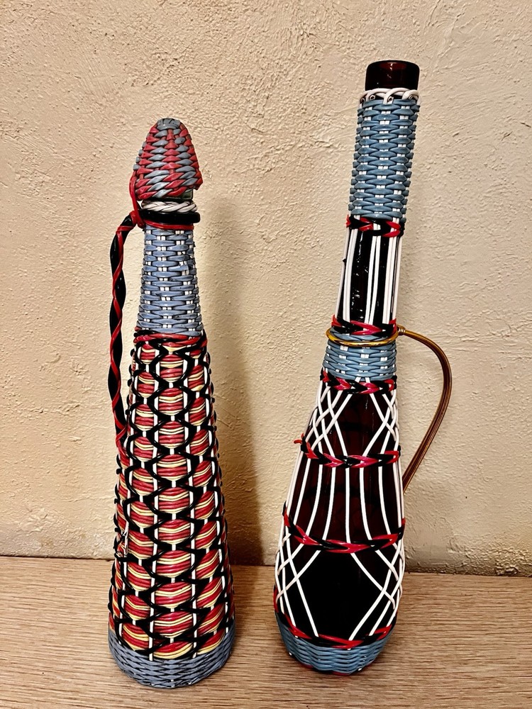 VTG MCM 2 Wicker Wrapped Scoubidou Wine Bottles Multicolor 15 & 17” Tall