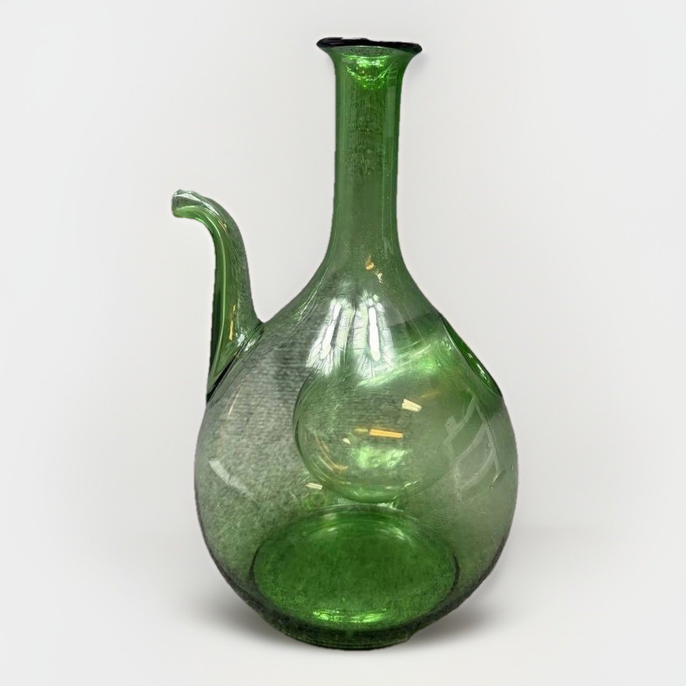 Vintage 1960s Italian Glass Wine Chiller Green Glass Decanter Bottle Blown Glass