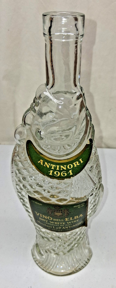 Vintage 1961 Antinori Vino dell Elba Clear Glass Fish Wine Bottle Decanter Label