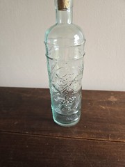 La Mediterranean Blown Teal Glass Wine Bottle/Decatur W/Cork Embossed Grapes