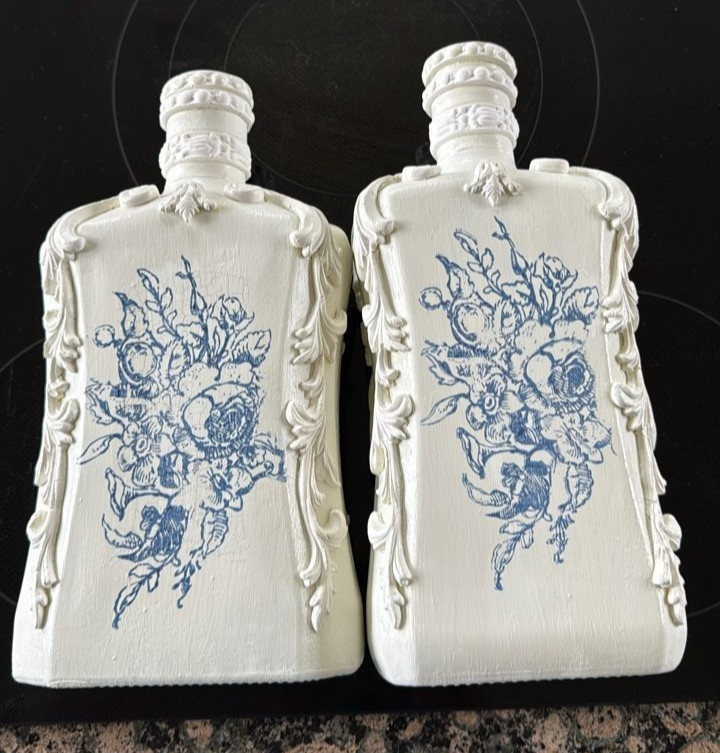 Vtg upcycle style French Country Glass Decanter Bottles White Blue Toile Decor