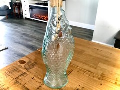 VINTAGE BLUE GREEN FISH ITALIAN GLASS BOTTLE WINE BOTTLE DECANTER w/ STOPPER 14&Prime;