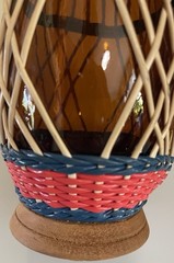 Vintage Plastic Wicker Wrap’d Wine Amber Bottle lid, handle,excellent condition