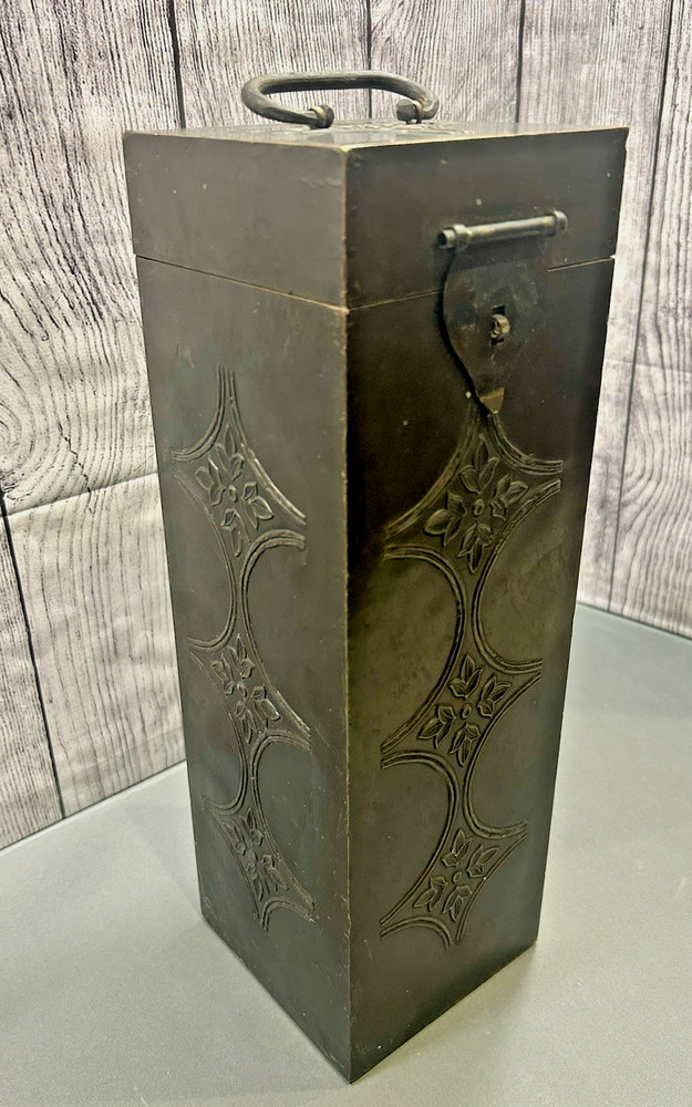 Old Vintage Wine Bottle Box Dark Brass and Wood Elegant Collectible Piece India