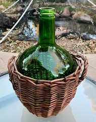 Vintage Emerald Green Glass Demijohn Wine Bottle in Wicker Basket Glass Carboy