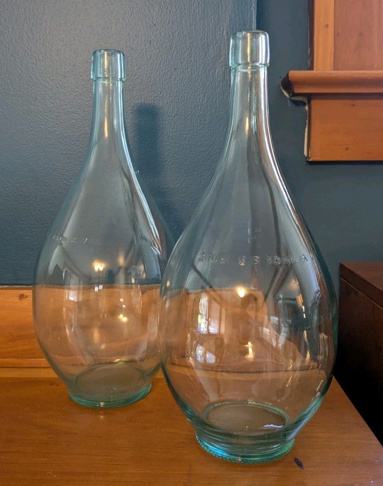 Set Of 2 Vintage Glass Italian Bulb Bottom Wine Bottles Vetreria Etrusca, Aqua