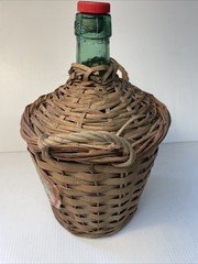 Vtg Wicker Wrapped Demijohn Label DALMAU Spain Green Glass Wine Bottle 13” tall