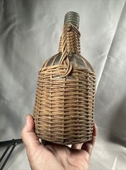 Old Glass Bubble Wicker Wrapped Bottle With Metal Screw Cork 10” Denver Antique