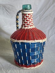 Vintage Viresa Demijohn Wine Bottle Scoubidou Woven Plastic Wicker Jug 1L 1960s