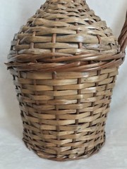 Vintage French Glass Demijohn Wine Bottle Wicker Rattan, 13” Tall