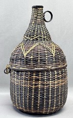 Vintage Wicker Demijohn Wine Bottle Basket Holder Hinged Lid Handle 13.5”