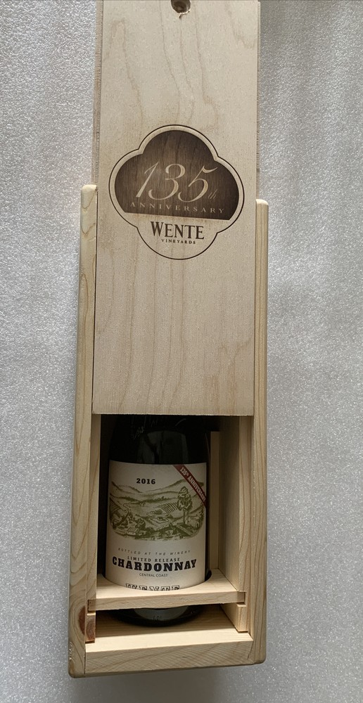 135th Anniversary Wente Vineyards Wine Wood Box, Signed Empty Bottle Collectible