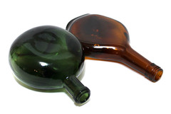 Vintage Glass Wine Bottles Brown Amber Flask & Green Mateus Set 2