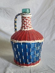 Vintage Viresa Demijohn Wine Bottle Scoubidou Woven Plastic Wicker Jug 1L 1960s