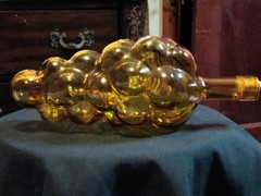 Vtg Amber Chianti Bottle w/ Cork MCM 1970s Hand Blown Glass Grape Bunch Shape