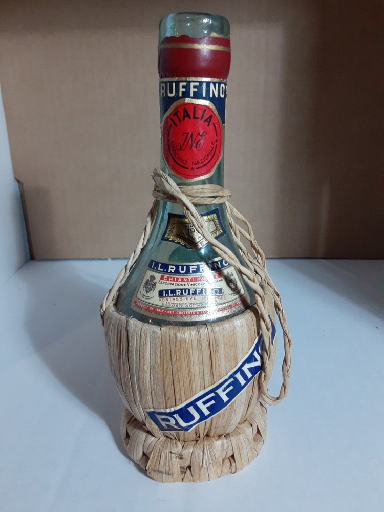 1955 RUFFINO CHIANTI EMPTY WINE BOTTLE WICKER RATTAN WRAP U.S. ARMY OPEN MESS