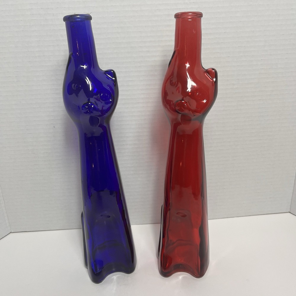 Vtg Riesling Wine Collectible Pair Of Cat Bottles , Cobalt Blue & Red 05-06